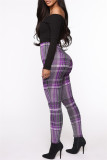 Red Fashion Casual Plaid Print Basic Skinny High Waist Pencil Trousers