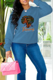 Blue Casual Street Print Patchwork O Neck Tops