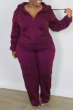 Rose Red Casual Solid Split Joint Zipper Hooded Collar Plus Size Two Pieces