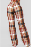 Blue Fashion Casual Plaid Print Basic Regular High Waist Trousers