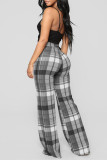 Blue Fashion Casual Plaid Print Basic Regular High Waist Trousers