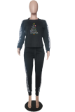Black Vintage Christmas Tree Printed Split Joint O Neck Long Sleeve Two Pieces