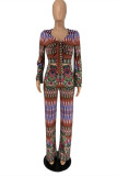 Orange Fashion Casual Print Bandage V Neck Long Sleeve Two Pieces