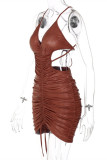 Brown Sexy Solid Bandage Draw String Backless Halter Sling Dress