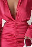 Rose Red Sexy Solid Patchwork Fold V Neck One Step Skirt Dresses