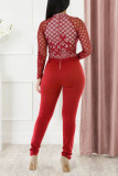 Red Work Daily Print See-through O Neck Regular Jumpsuits
