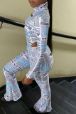 Black Casual Street Print Patchwork Asymmetrical O Neck Long Sleeve Two Pieces