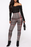 Red Fashion Casual Plaid Print Basic Skinny High Waist Pencil Trousers