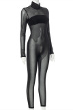 Black Sexy Patchwork Solid See-through Turtleneck Skinny Jumpsuits