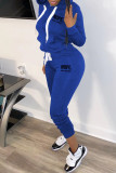Blue Fashion Casual Letter Print Split Joint Hooded Collar Long Sleeve Two Pieces