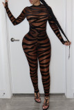 Black Fashion Sexy Patchwork See-through O Neck Skinny Jumpsuits