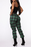 Green Fashion Casual Plaid Print Patchwork Regular High Waist Trousers