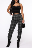 Green Fashion Casual Plaid Print Patchwork Regular High Waist Trousers