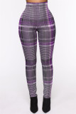 Red Fashion Casual Plaid Print Basic Skinny High Waist Pencil Trousers
