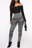 Red Fashion Casual Plaid Print Basic Skinny High Waist Pencil Trousers
