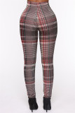 Red Fashion Casual Plaid Print Basic Skinny High Waist Pencil Trousers