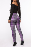 Red Fashion Casual Plaid Print Basic Skinny High Waist Pencil Trousers