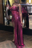 Pink Fashion Sexy Solid Patchwork Backless Strapless Irregular Dress