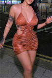 Brown Sexy Solid Bandage Draw String Backless Halter Sling Dress