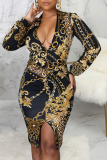 Multicolor Sexy Print Patchwork V Neck Pencil Skirt Dresses