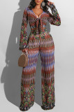 Orange Fashion Casual Print Bandage V Neck Long Sleeve Two Pieces