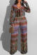 Orange Fashion Casual Print Bandage V Neck Long Sleeve Two Pieces