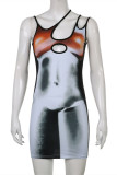 Silver Fashion Sexy Print Hollowed Out Backless Spaghetti Strap Sleeveless Dress