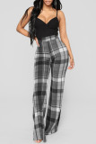 Blue Fashion Casual Plaid Print Basic Regular High Waist Trousers