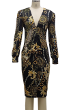 Multicolor Sexy Print Patchwork V Neck Pencil Skirt Dresses