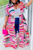 Deep Pink Casual Striped Print Patchwork Buckle Turndown Collar Plus Size Overcoat (Without Belt)