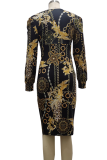 Multicolor Sexy Print Patchwork V Neck Pencil Skirt Dresses