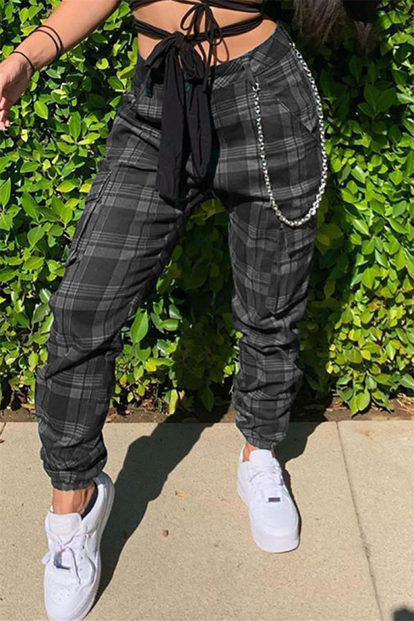 Grey Fashion Casual Plaid Print Patchwork Regular High Waist Trousers