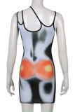 Silver Fashion Sexy Print Hollowed Out Backless Spaghetti Strap Sleeveless Dress
