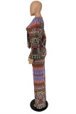 Orange Fashion Casual Print Bandage V Neck Long Sleeve Two Pieces
