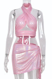 Pink Fashion Sexy Solid Bandage Backless Halter Sleeveless Two Pieces
