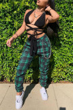 Green Fashion Casual Plaid Print Patchwork Regular High Waist Trousers