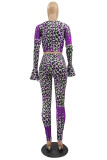 Red Fashion Sexy Print Leopard Basic O Neck Long Sleeve Two Pieces