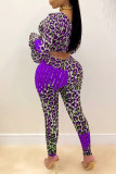 Red Fashion Sexy Print Leopard Basic O Neck Long Sleeve Two Pieces