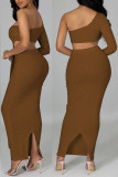 White Sexy Solid Hollowed Out Patchwork Asymmetrical Oblique Collar Long Sleeve Two Pieces