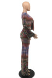 Orange Fashion Casual Print Bandage V Neck Long Sleeve Two Pieces