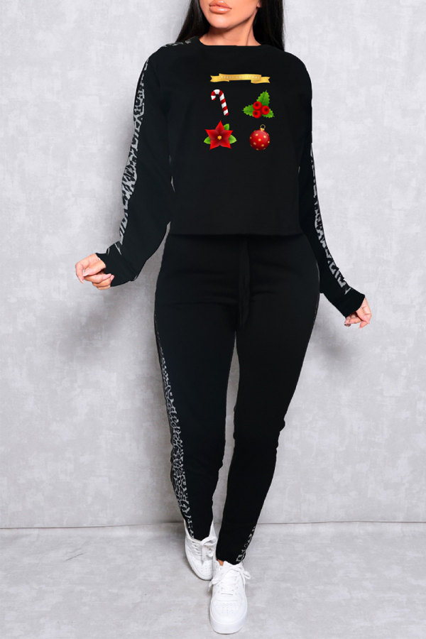 Black Party Print Split Joint O Neck Long Sleeve Two Pieces