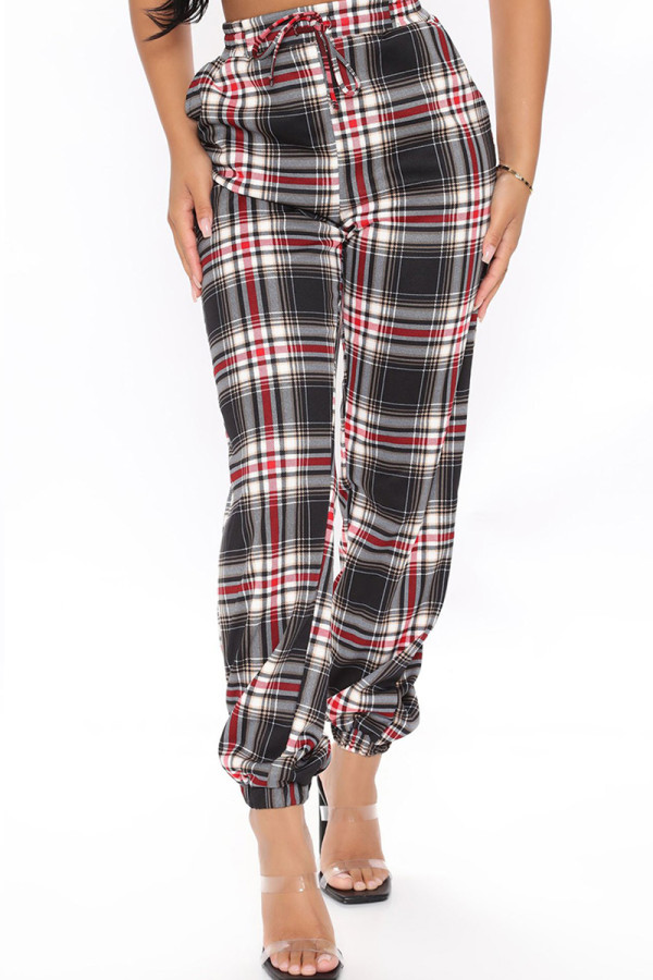 Red Fashion Casual Plaid Print Basic Regular High Waist Conventional Full Print Bottoms