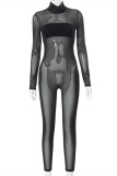 Black Sexy Patchwork Solid See-through Turtleneck Skinny Jumpsuits