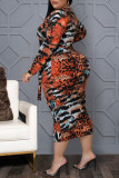 Multicolor Sexy Print Split Joint O Neck One Step Skirt Plus Size Dresses