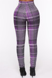 Red Fashion Casual Plaid Print Basic Skinny High Waist Pencil Trousers