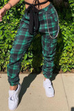 Green Fashion Casual Plaid Print Patchwork Regular High Waist Trousers