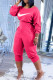 Rose Red Fashion Casual Print Patchwork Oblique Collar Jumpsuits
