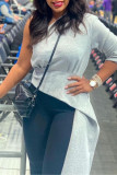 Grey Sexy Casual Solid Patchwork Asymmetrical Oblique Collar Tops