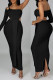 Black Sexy Solid Hollowed Out Patchwork Asymmetrical Oblique Collar Long Sleeve Two Pieces