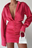 Rose Red Sexy Solid Patchwork Fold V Neck One Step Skirt Dresses